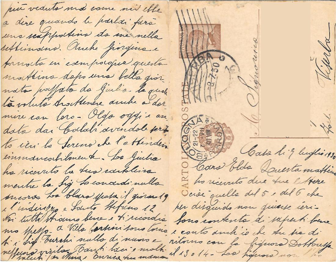Cartolina postale da Bologna a Viserba. Viaggiata 1930