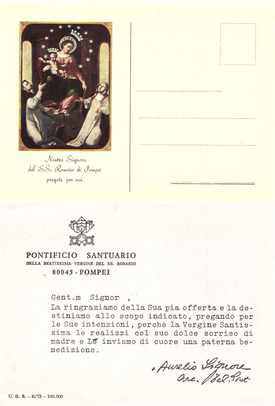 Cartolina ringraziamento offerta Santuario NS. del SS. Rosario di Pompei. …