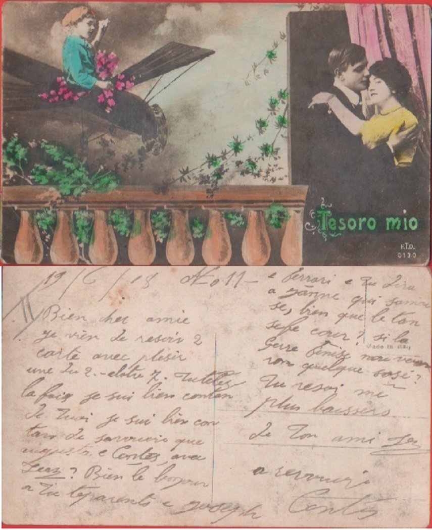 Cartolina. Tesoro mio. Colorata - Datata 1918
