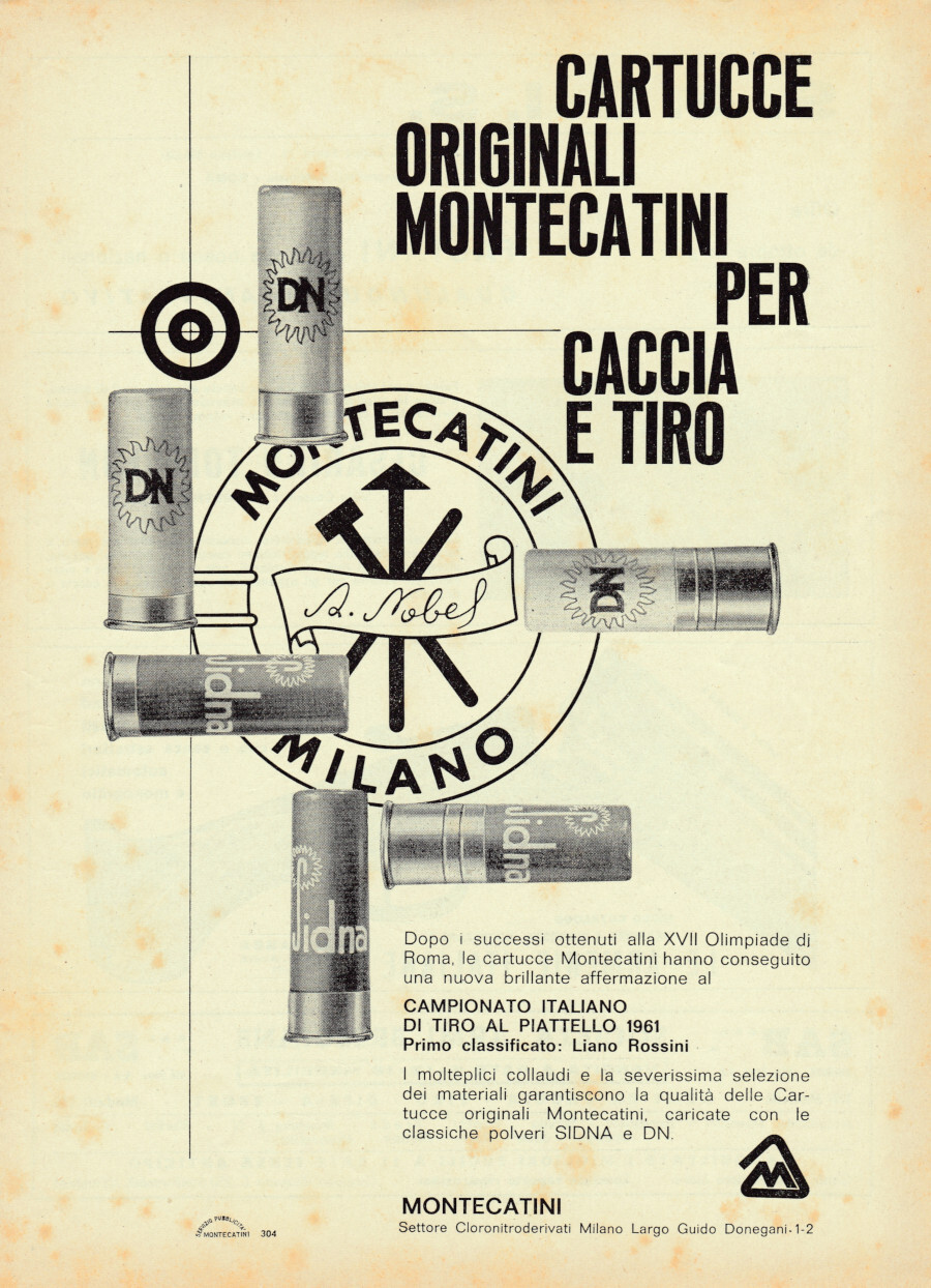 Cartucce originali Montecatini per caccia e tiro. Advertising 1961