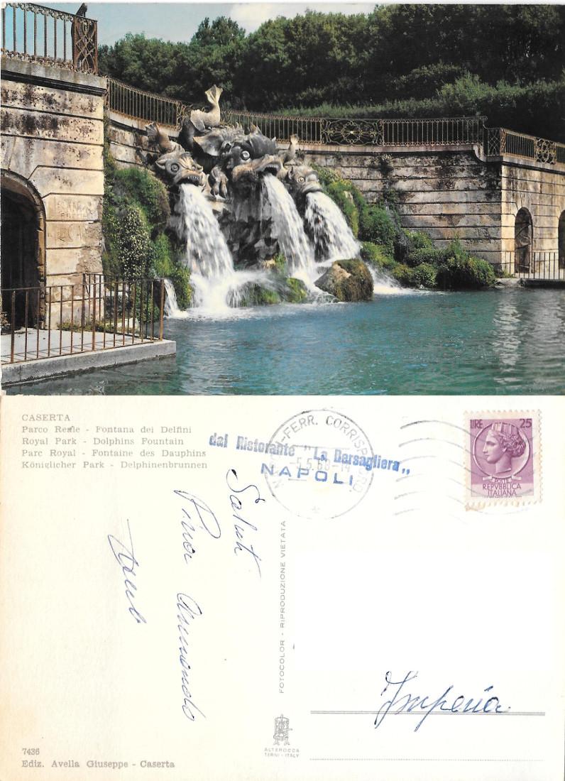 Caserta. Parco Reale. Fontana dei Delfini. Viaggiata 1968. Timbro Ristorante …