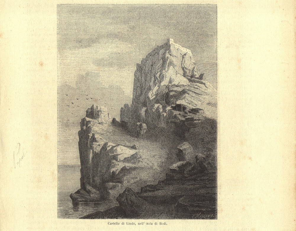 Castello di Lindo, nell'isola di Rodi. Stampa 1863.