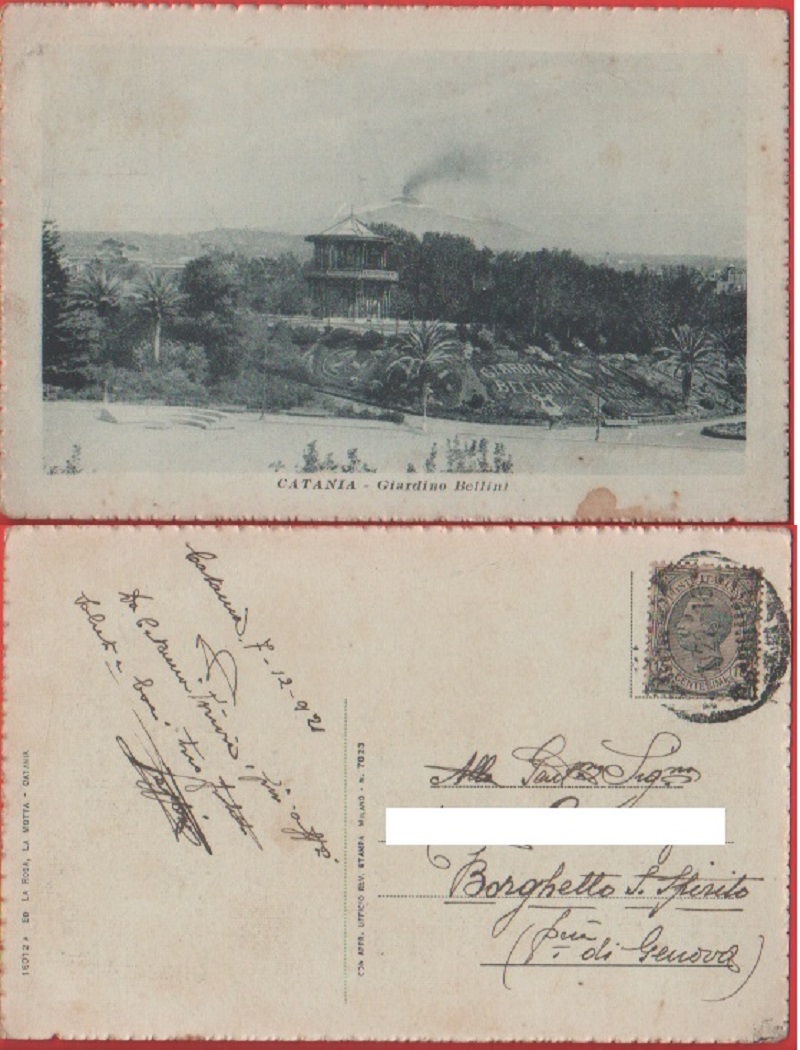 Catania. Giardini Bellini - Viaggiata 1921