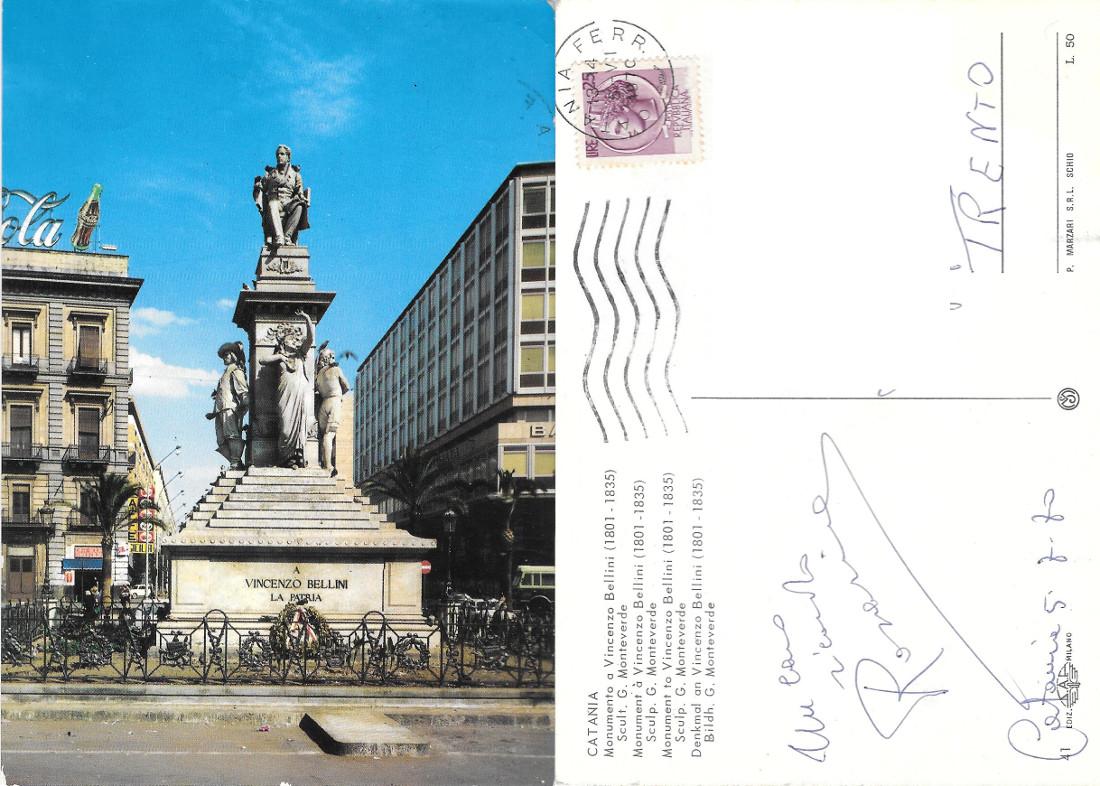 Catania. Monumento a Vincenzo Bellini. Viaggiata 1970