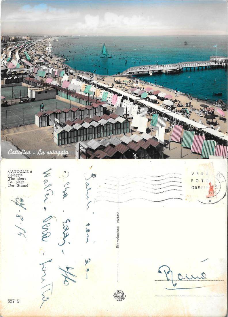 Cattolica. La spiaggia. Viaggiata 1956