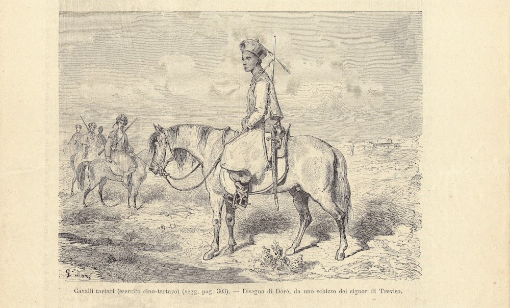 Cavalli tartari (esercito cino-tartaro). Dis. G. Doré. Illustrazione 1864