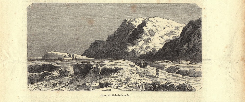 Cave di Gebel-Geneffè (Suez). Stampa 1863.