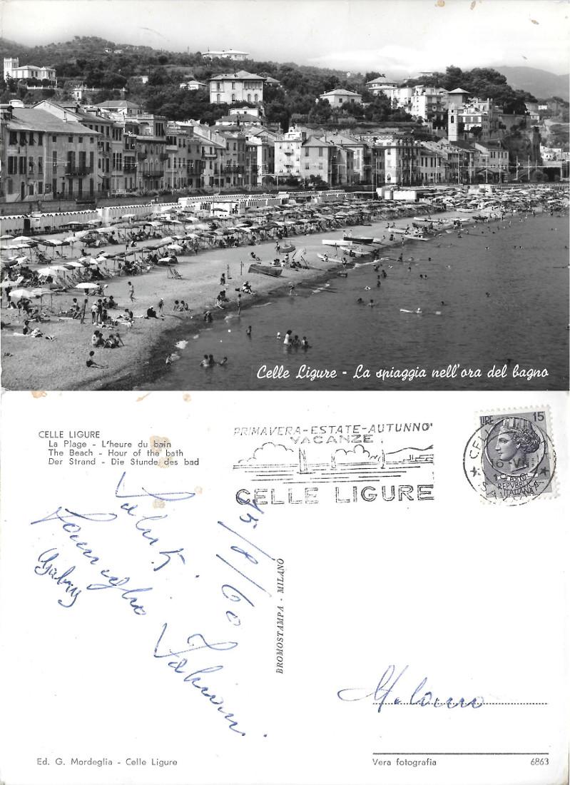 Celle Ligure. La spiaggia nell'ora del bagno. Viaggiata 1960