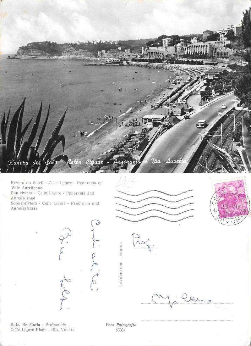 Celle Ligure. Panorama e via Aurelia. Viaggiata 1962