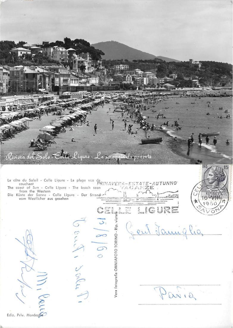Celle Ligure. Spiaggia da ponente. Viaggiata 1960