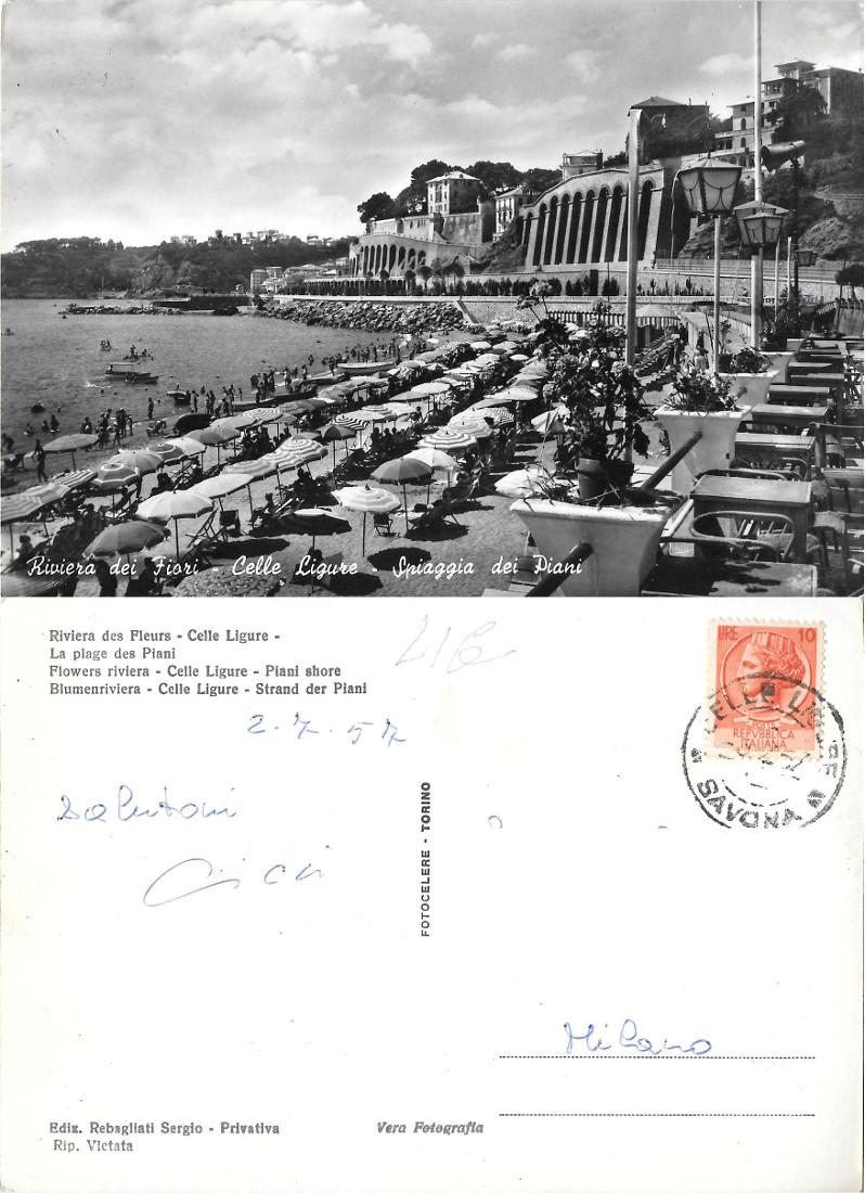 Celle Ligure. Spiaggia dei Piani. Viaggiata 1957