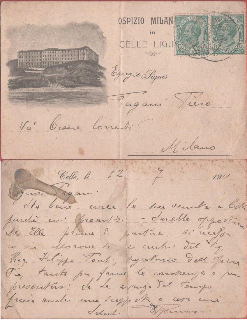Celle Ligure (SV). Ospizio Milanese. Viaggiata 1911