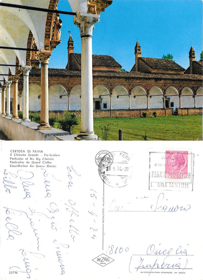 Certosa di Pavia. Il Chiostro Grande. Viaggiata 1974