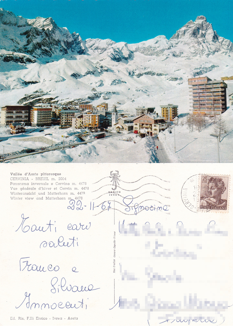 Cervinia-Breuil. Panorama invernale e Cervino. Viaggiata 1967