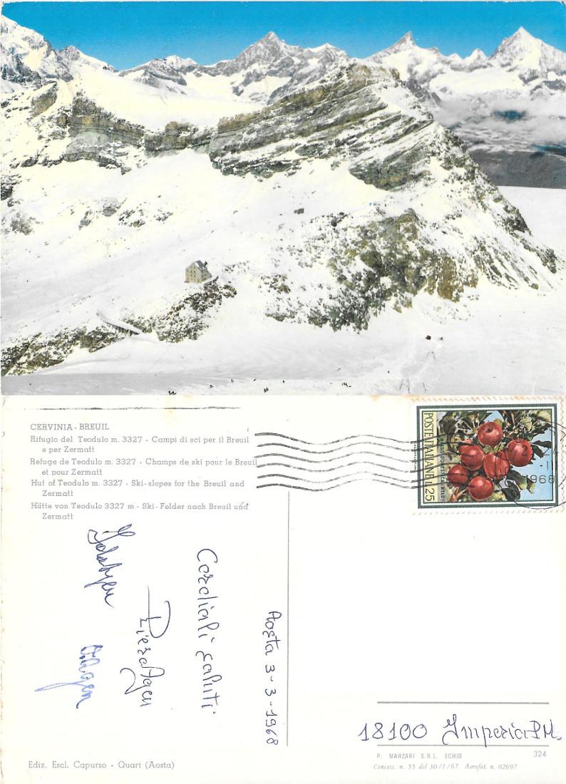 Cervinia Breuil. Rifugio del Teodulo. Viaggiata 1968