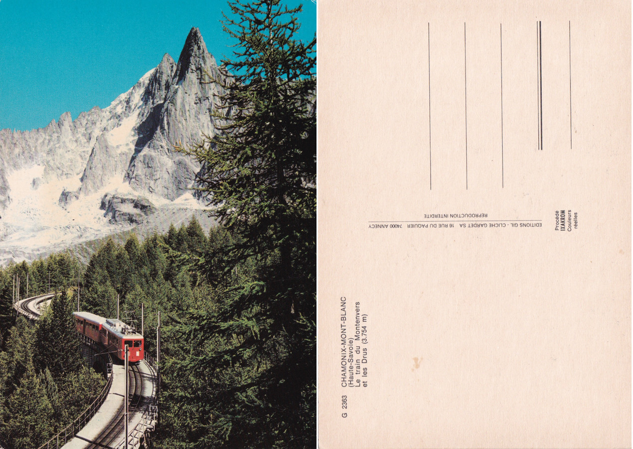 Chamonix Mont Blanc. Le train du Montenvers et les Drus. …