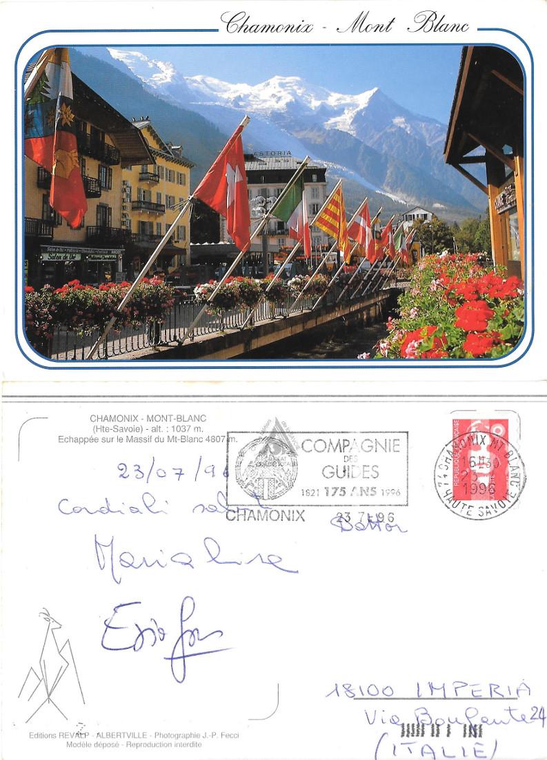 Chamonix-Mont Blanc. Viaggiata 1996, annullo 175^ compagnie des guides