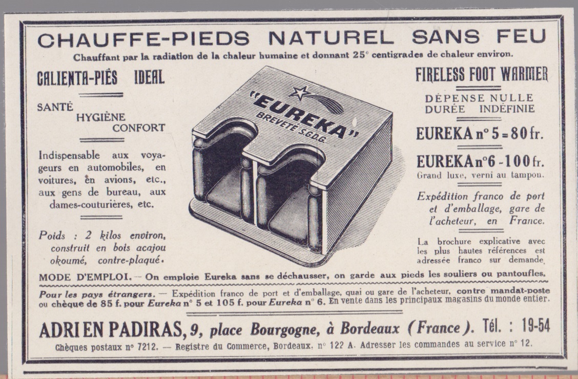 Chauffe-pieds naturel sans feu. Adrien Padiras Bordeaux. Advertising 1925
