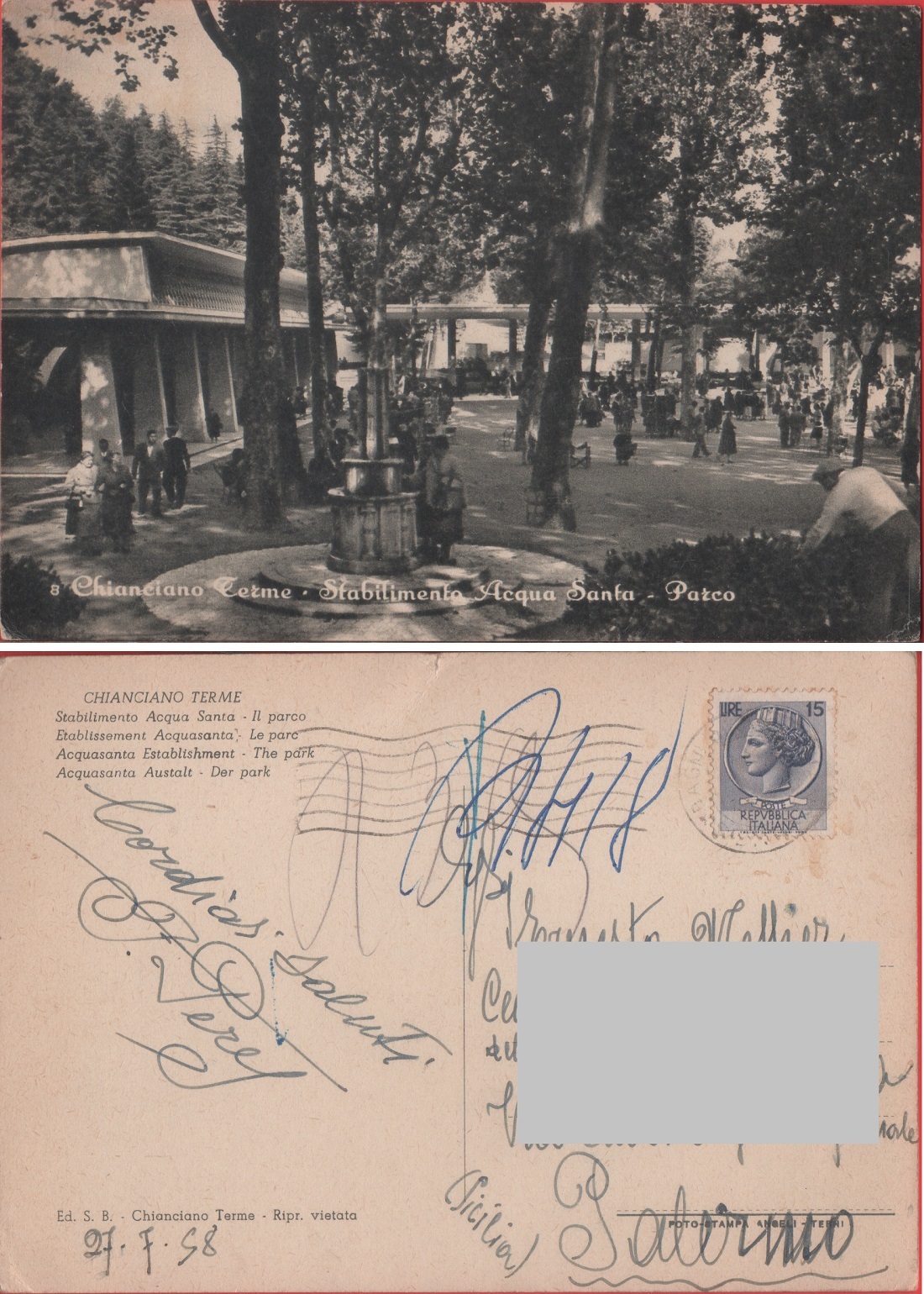 Chianciano (SI). Stabilimento Acqua Santa. Parco. Viaggiata 1958