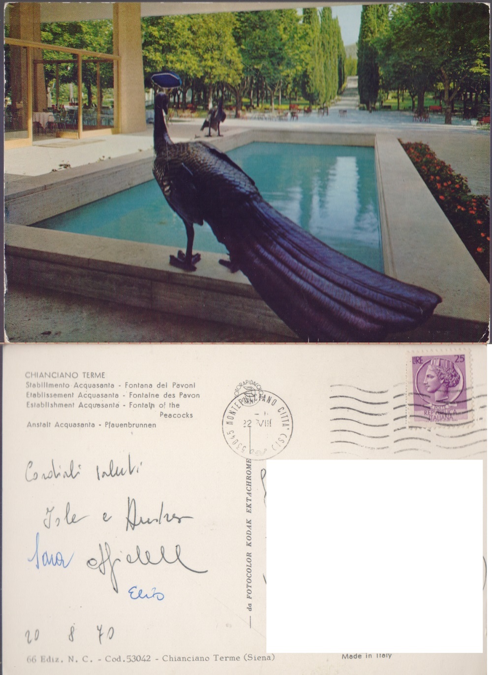 Chianciano (SI). Stabilimento Acquasanta. Fontana dei Pavoni. Viaggiata 1970