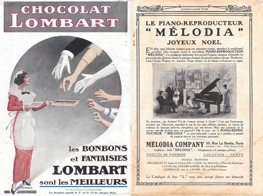 Chocolat Lombard / Piano reproducteur Melodia. Pubblicita 1914 fronte retro
