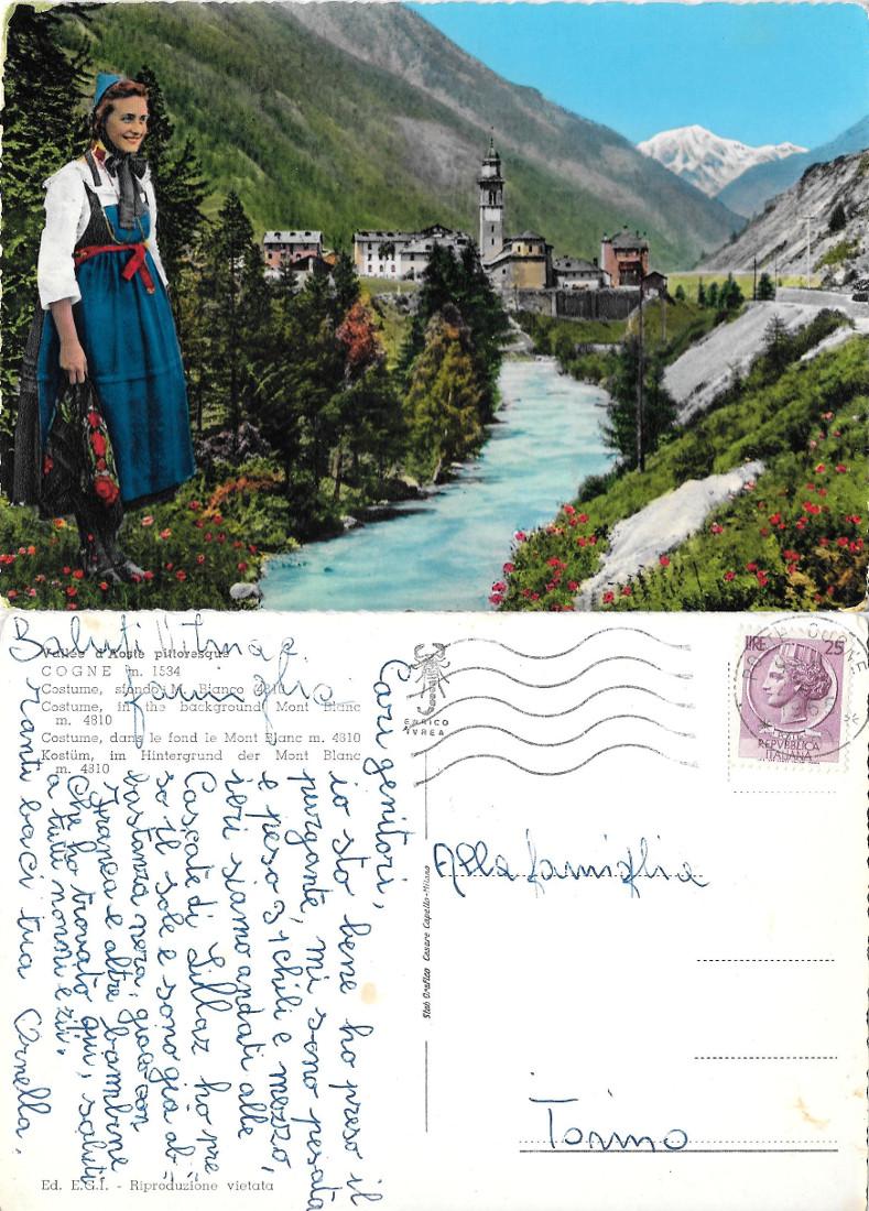 Cogne (AO). Costume, sfondo Monte Bianco. Viaggiata 1965