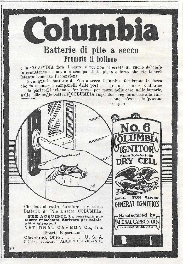 Columbia batterie di pile a secco. Advertising 1920