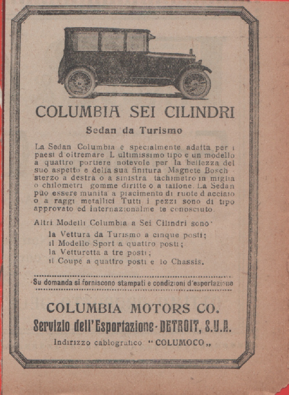 Columbia sei cilindri. Sedan da Turismo. Advertising 1920