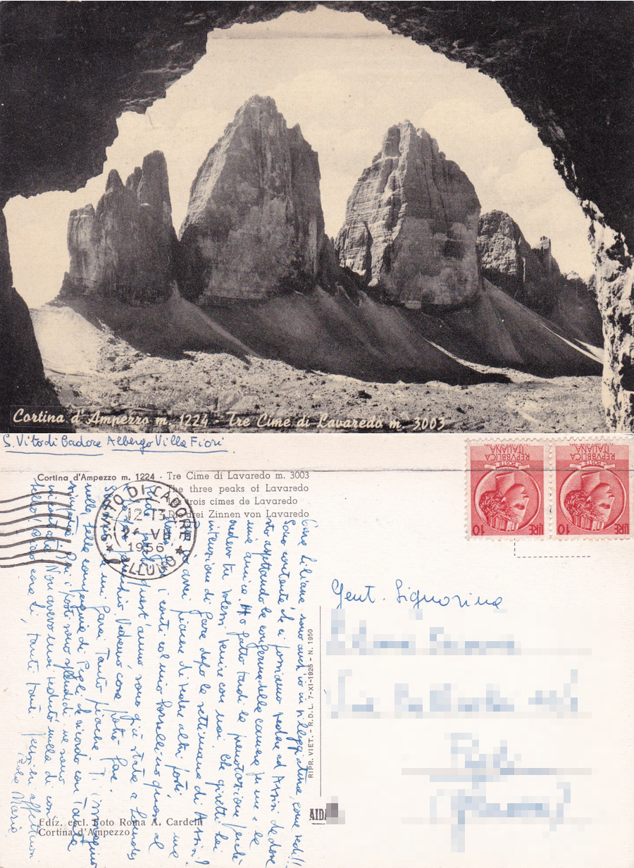 Cortina d'Ampezzo. Tre cime di Lavaredo. Viaggiata 1956