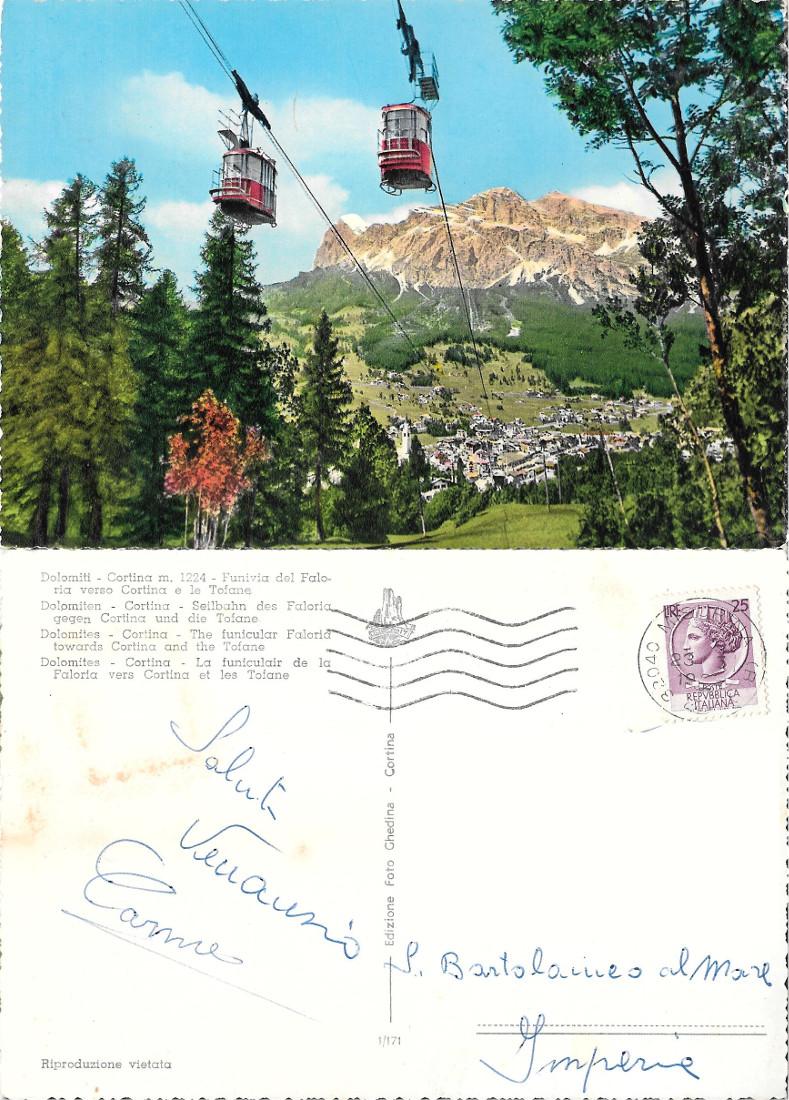 Cortina. Funivia del Faloria verso Cortina e le Tofane. Viaggiata