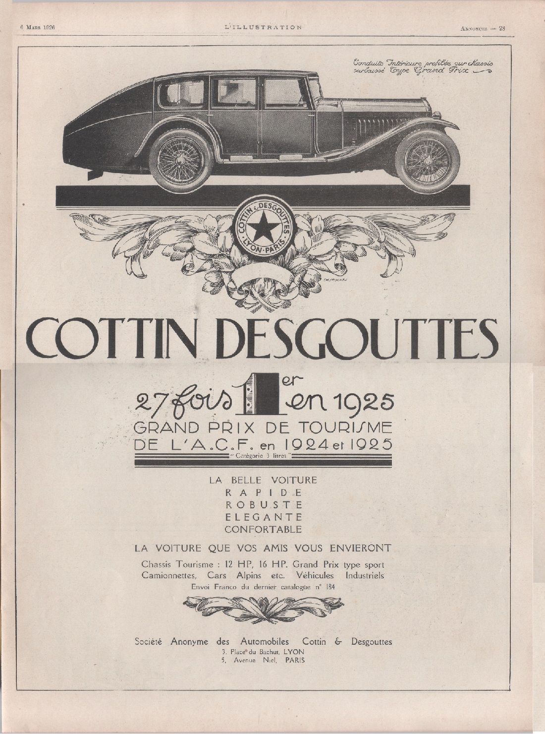 Cottin Desgouttes, 27 fois 1er en 1925. Advertising 1926