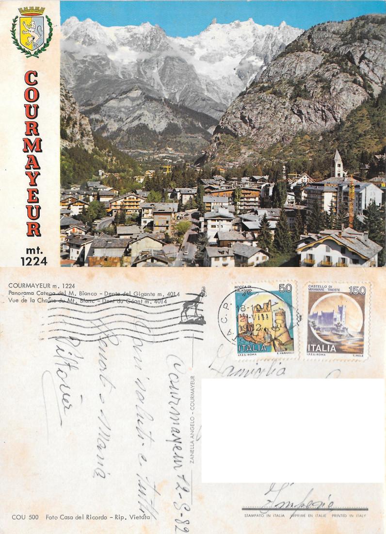 Courmayeur. Panorama catena del M. Bianco, Dente del Gigante. Viaggiata …