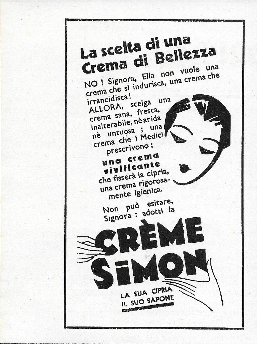 Creme Simon. La sua cipria, il suo sapone. Advertising 1933