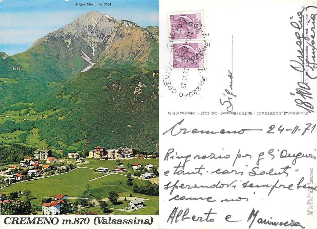 Cremeno (LC). Valsassina. Viaggiata 1971