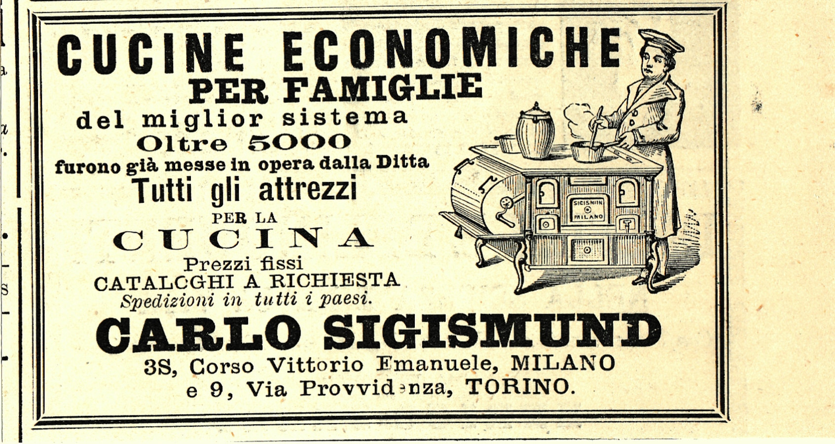 Cucine economiche per famiglie. Carlo Sigismund. Advertising 1889