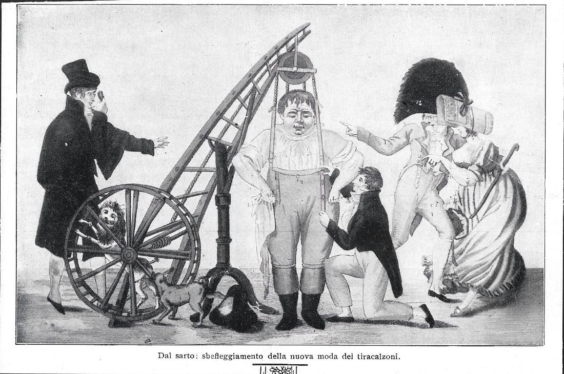 Dal sarto, sbeffeggiamento della nuova moda dei tiracalzoni. Stampa 1912