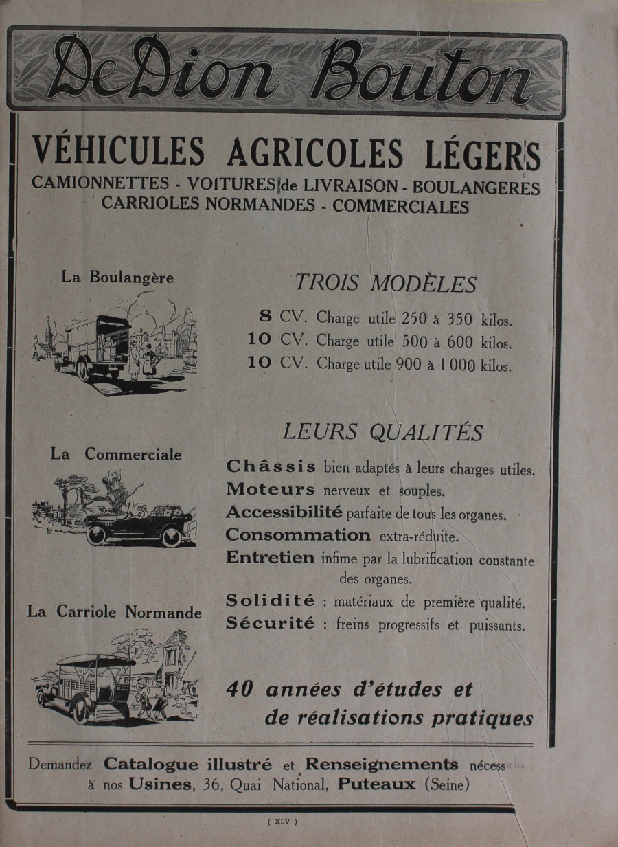 De Dion Bouton vehicules agricoles legers. Trois modeles. Advertising 1926