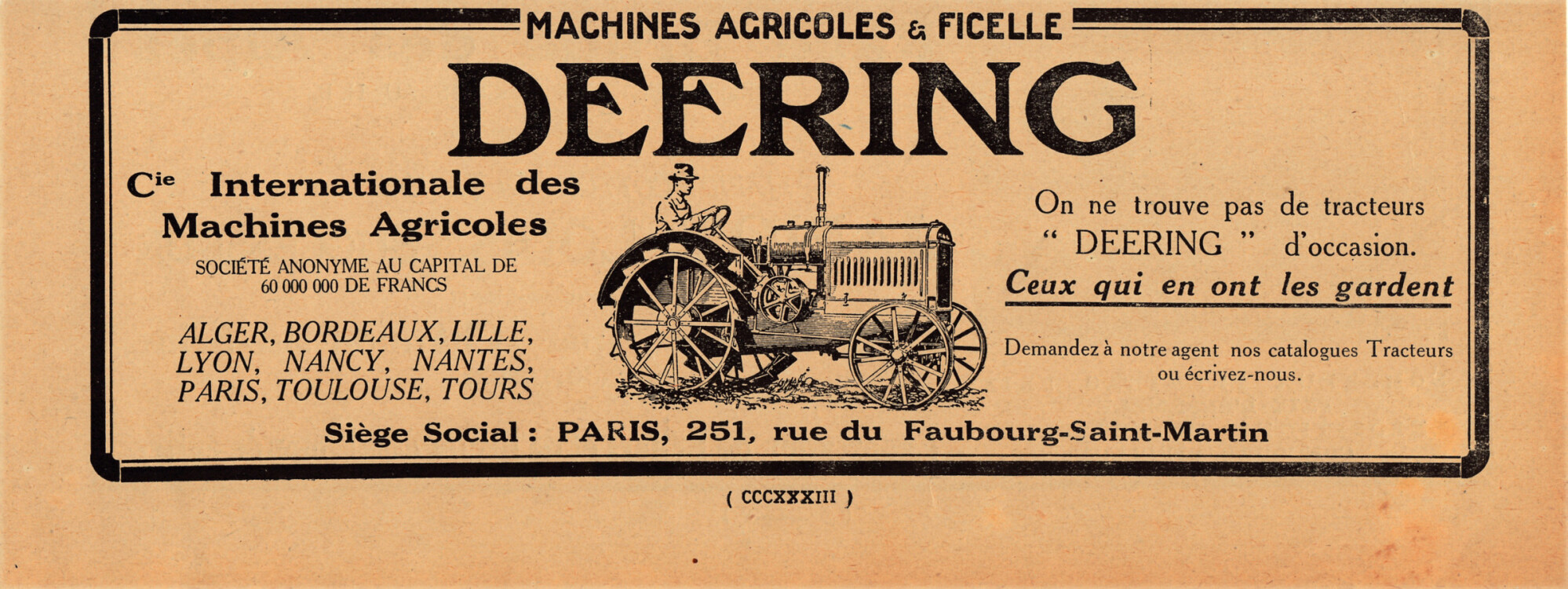 Deering. Machines agricoles &amp; ficelle. Advertising 1927
