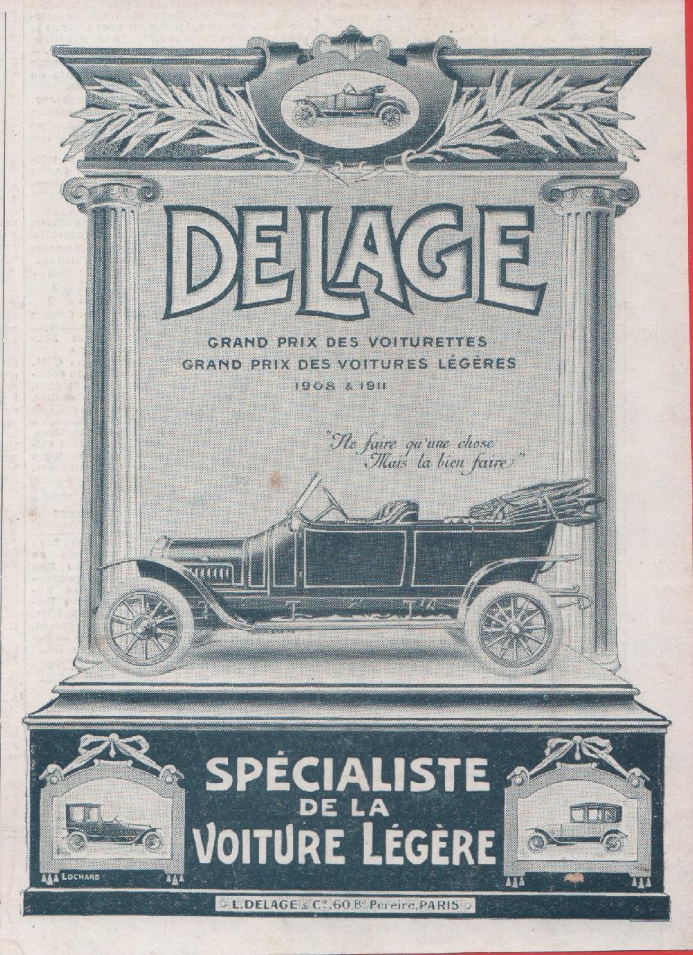 Delage. Specialiste de la voiture legere. Advertising 1912