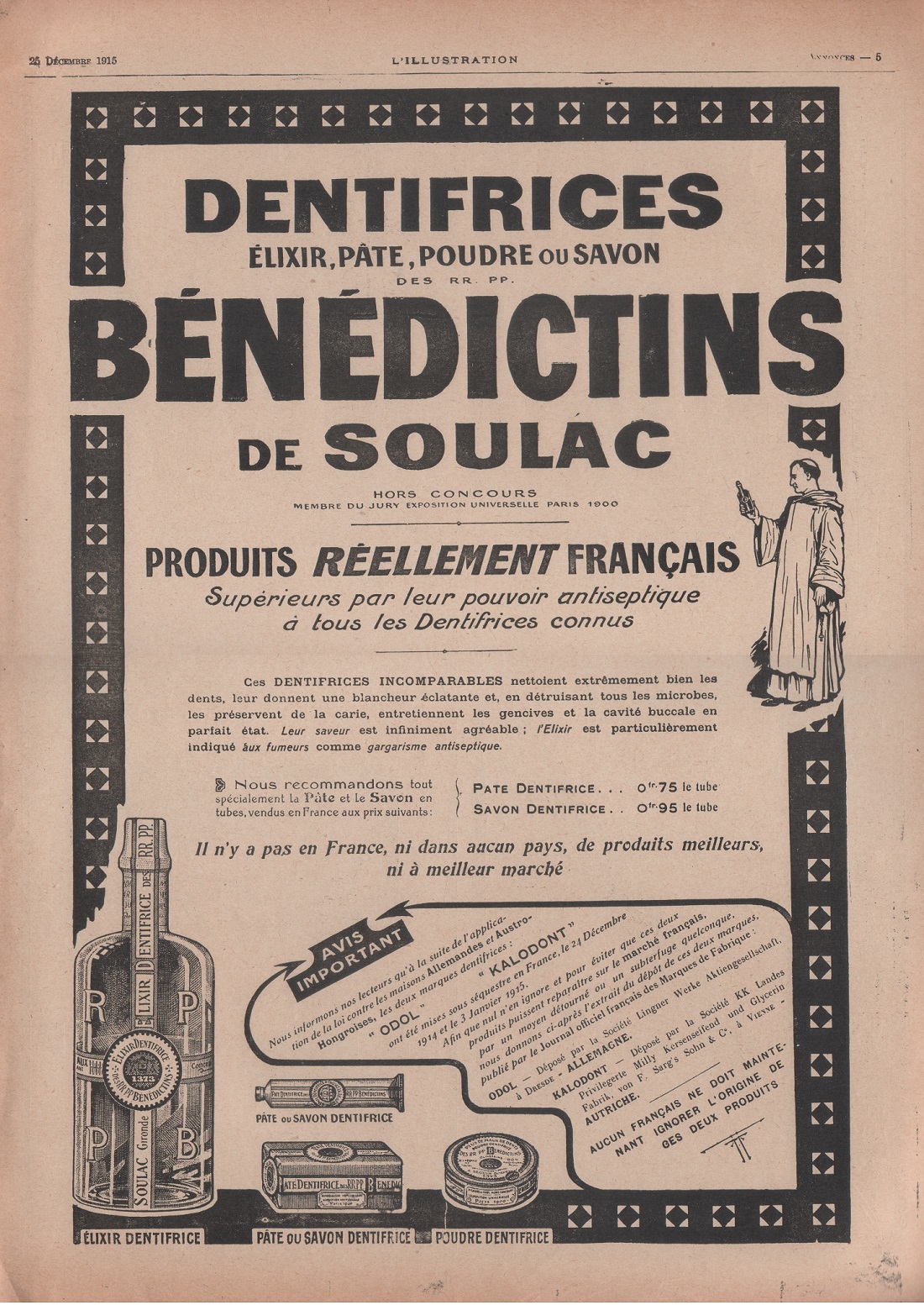 Dentifrices Benedictin de Soulac. Advertising 1915