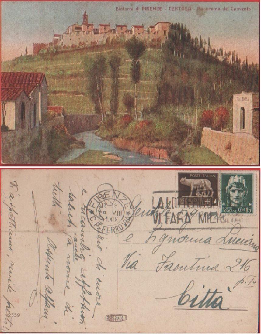Dintorni di Firenza. Certosa. Panorama del Convento. Viaggiata 1941. Colorata