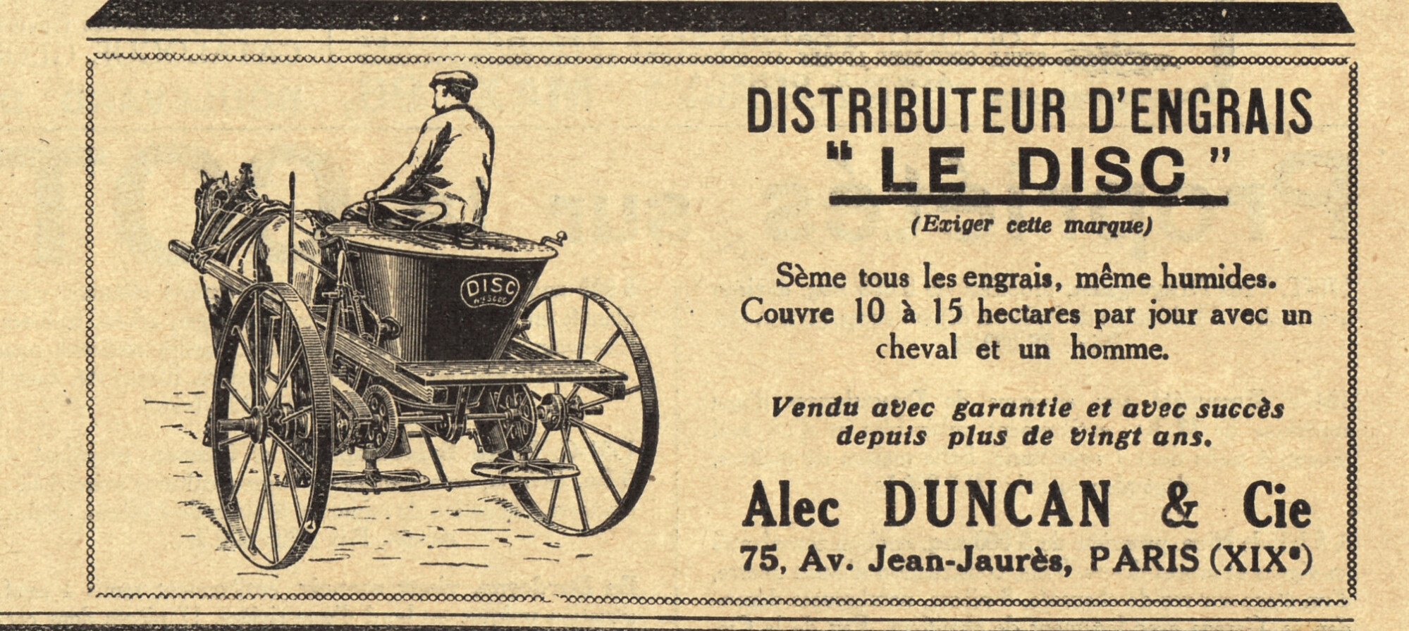 Distributeur d'engrais Le Disc. Et.s. Alec Ducan &amp; Cie.Advertising 1927