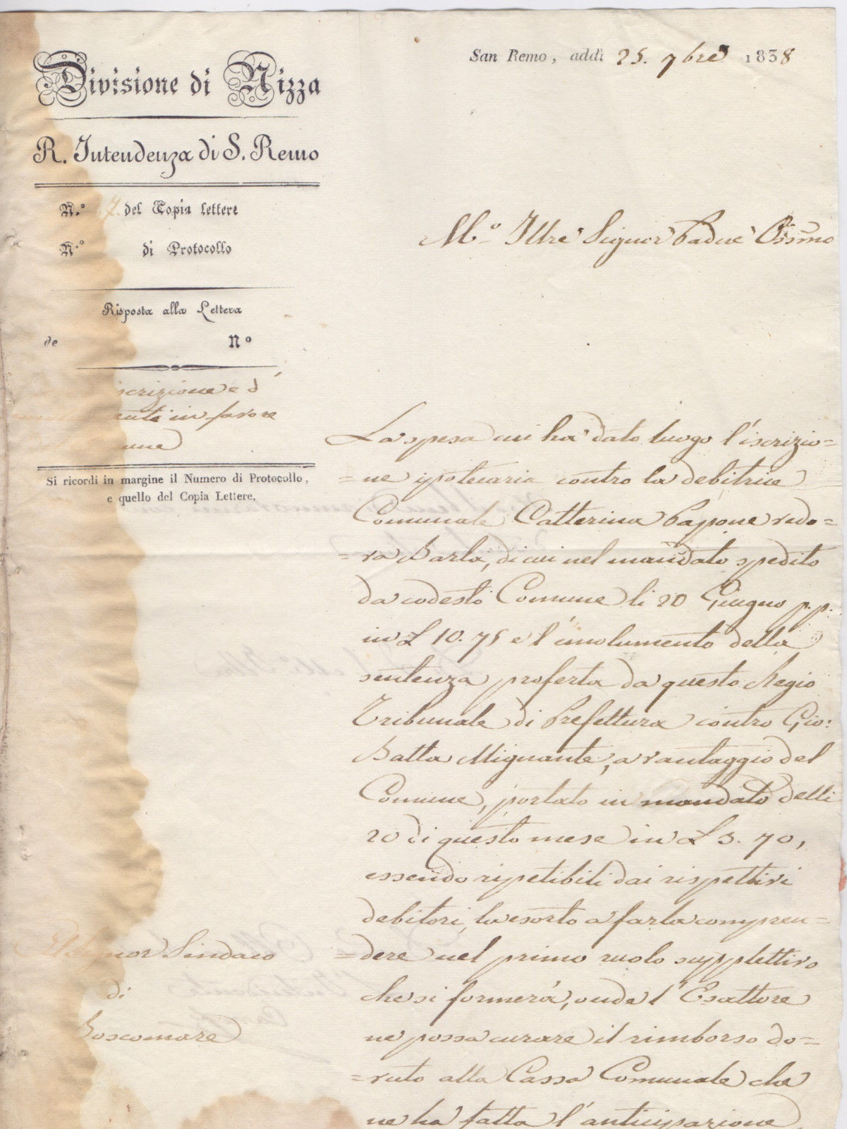 Divisione di Nizza. Intendenza di S. Remo. Comune di Boscomare. …