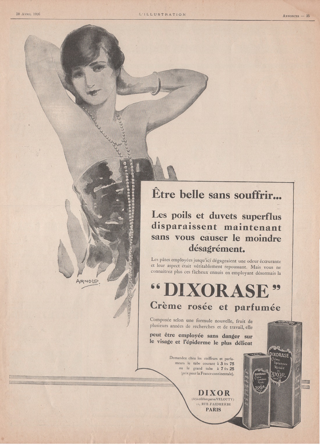 Dixorase, crème épilatoire. Advertising 1926