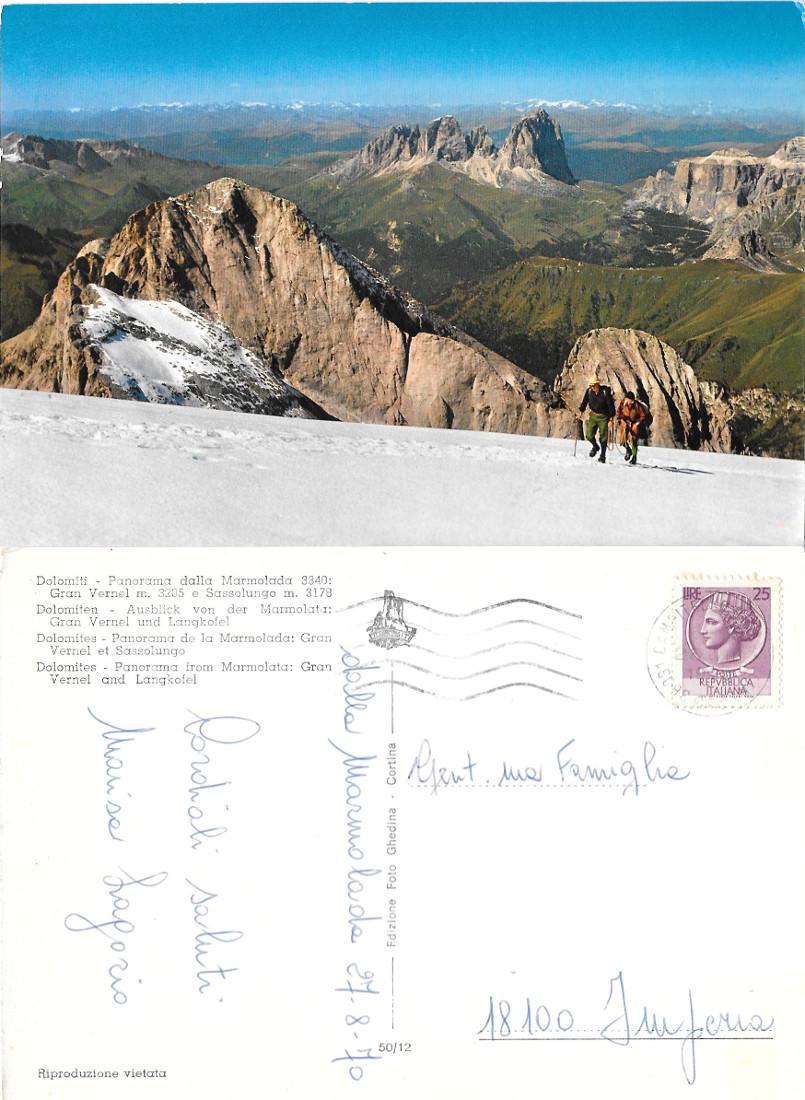 Dolomiti. Panorama dalla Marmolada: Gran Vernel e Sassolungo. Viaggiata 1970