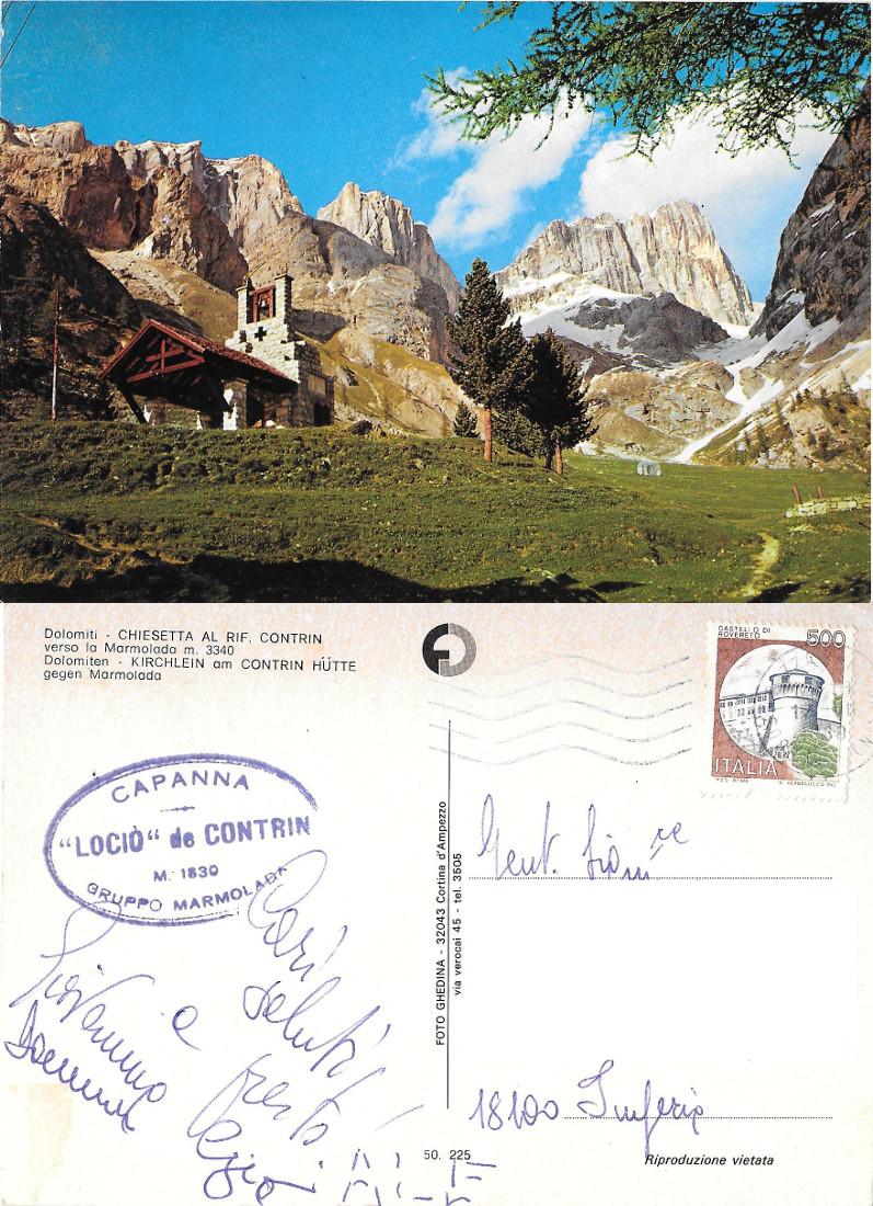 Dolomiti (TN). Chiesetta al rif. Contrin. Viaggiata 1989. Timbro Capanna …