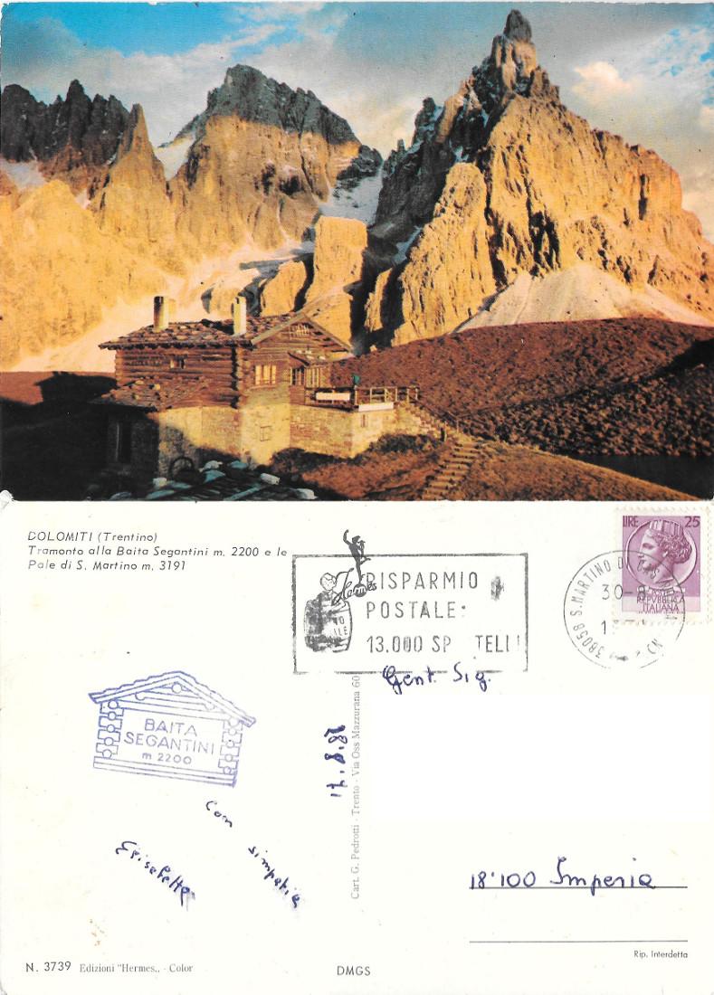 Dolomiti. Tramonto alla Baita Segantini. Pale di S. Martino. Viaggiata …