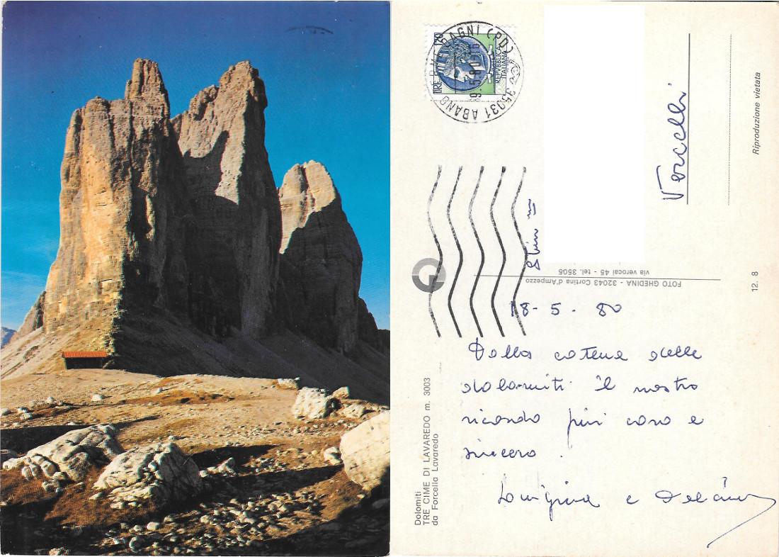 Dolomiti. Tre cime di Lavaredo da Forcella Lavaredo. Viaggiata 1980