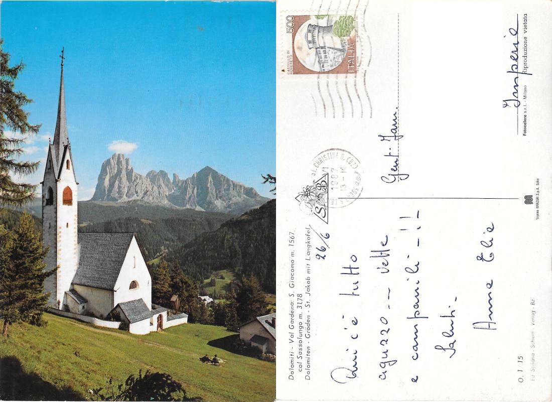 Dolomiti. Val Gardena. S. Giacomo col Sassolungo. Viaggiata 1987