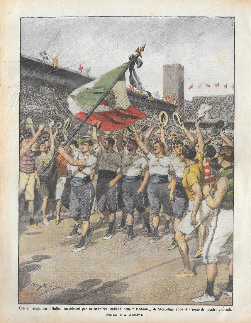 Domenica del Corriere 21-28/7/1912. Ginnasti italiani Olimpiadi di Stoccolma. Beltrame